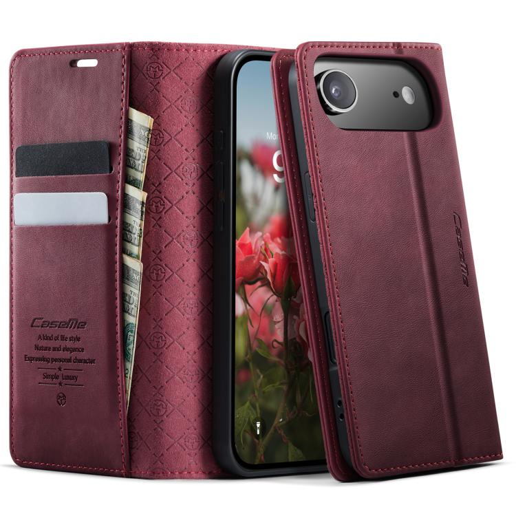 Funda tipo billetera CaseMe 033 color rojo vino para iPhone Air, abierta y cerrada