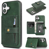 Carcasa Kalebol verde para iPhone 17 con tarjetero de broche, vista trasera, abierto y como soporte