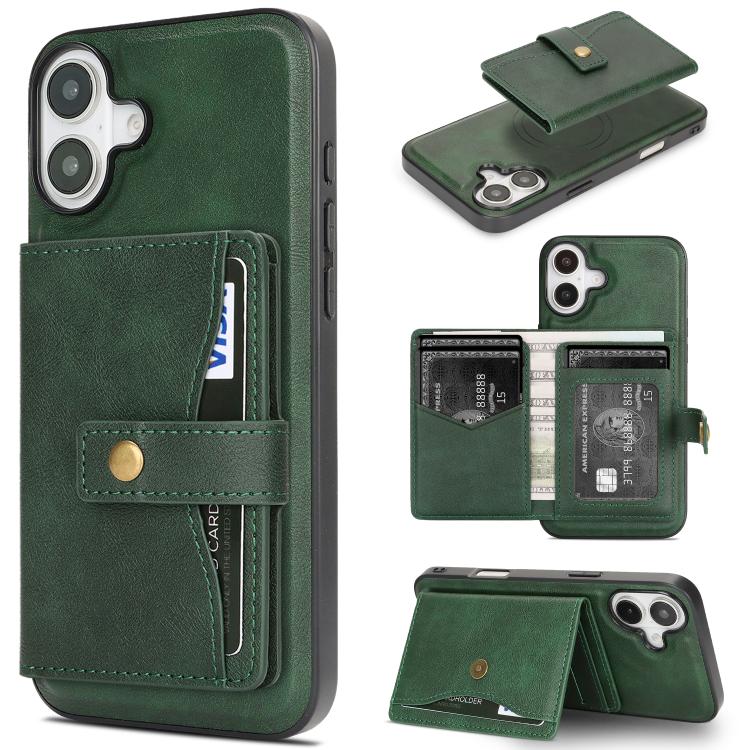 Carcasa Kalebol verde para iPhone 17 con tarjetero de broche, vista trasera, abierto y como soporte