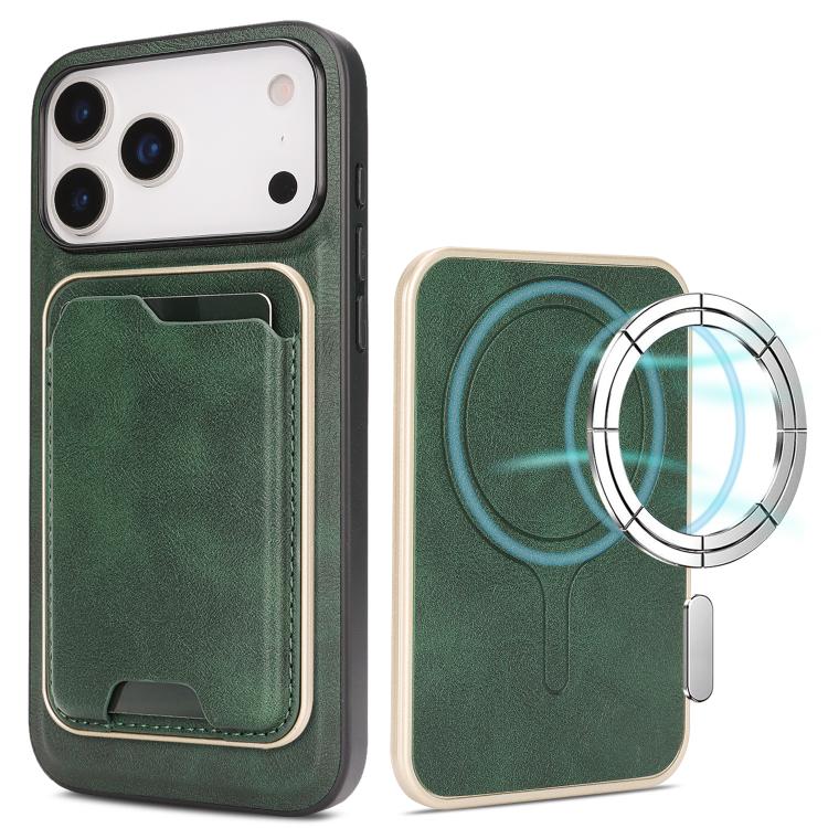 Carcasa Kalebol para iPhone 17 Pro Max color verde con tarjetero magnético y su anillo de imanes