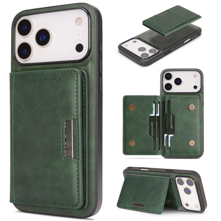 Carcasa Kalebol Strong verde para iPhone 17 Pro con tarjetero magnético, vista trasera y como soporte