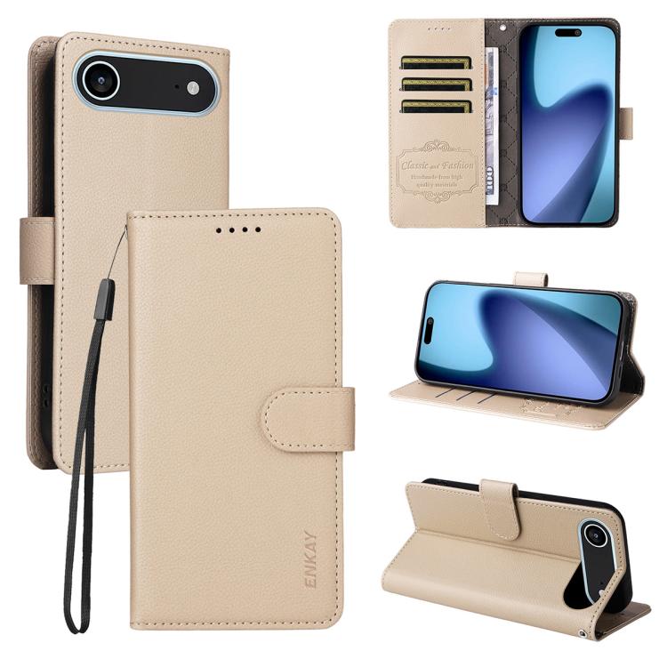 Funda tipo billetera ENKAY color beige para iPhone Air, tapa, tarjetero y modo atril