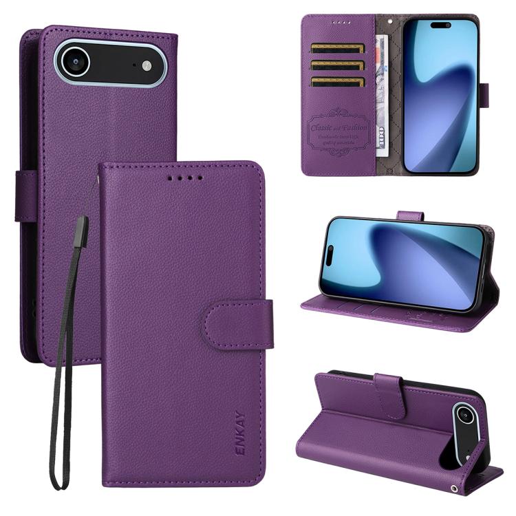 Funda tipo billetera ENKAY color morado para iPhone Air, tapa, tarjetero y modo atril