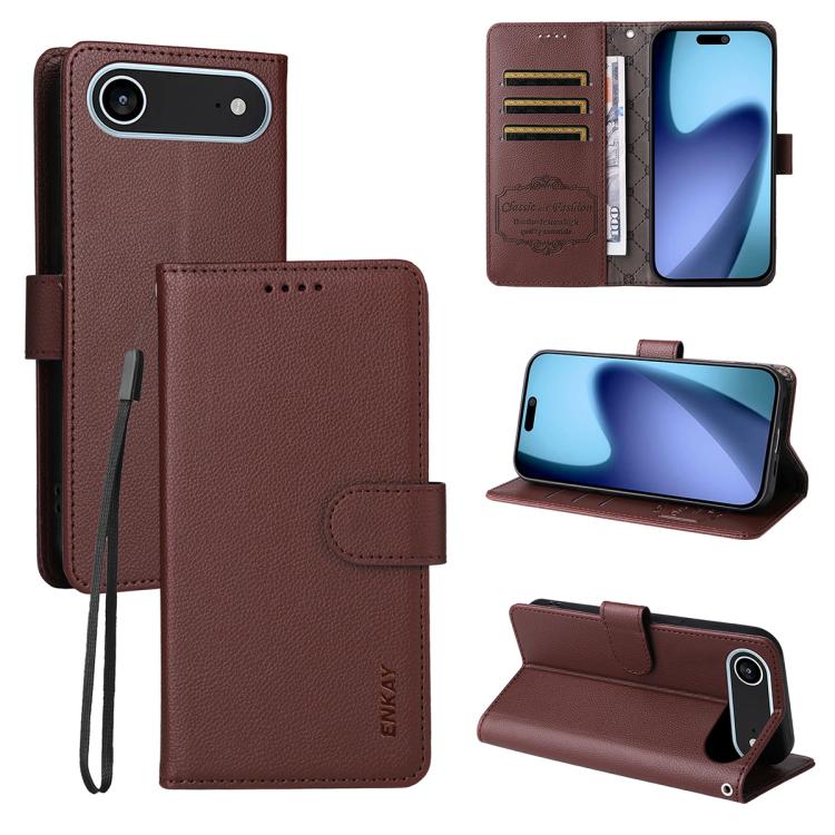 Funda tipo billetera ENKAY color café para iPhone Air, tapa, tarjetero y modo atril