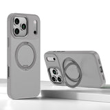 Carcasa Kalebol para iPhone 17 Pro Max color gris con anillo giratorio, vista trasera y como soporte