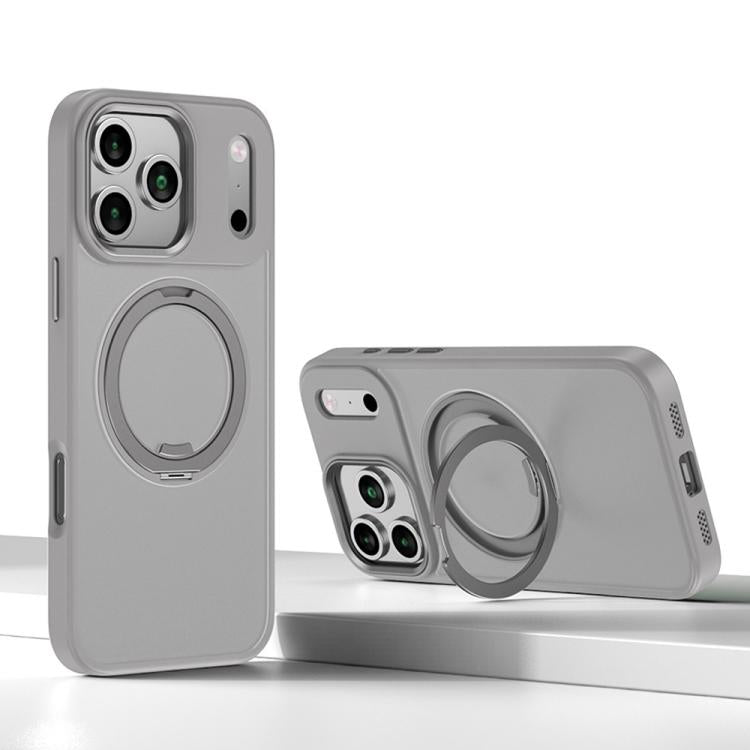 Carcasa Kalebol para iPhone 17 Pro color gris con anillo giratorio, vista trasera y como soporte