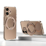Carcasa Kalebol para iPhone 17 color dorado transparente con anillo giratorio, vista trasera y como soporte