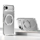 Carcasa Kalebol para iPhone Air color transparente plateado con anillo giratorio, vista trasera y como soporte