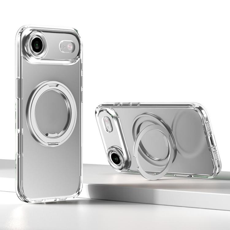 Carcasa Kalebol para iPhone Air color transparente plateado con anillo giratorio, vista trasera y como soporte