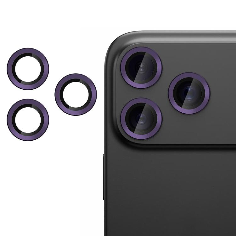Protector de lente Kalebol morado oscuro instalado en las cámaras del iPhone 17 Pro