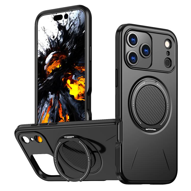 Carcasa Kalebol para iPhone 17 Pro color negro con anillo soporte desplegado