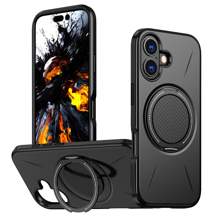 Carcasa Kalebol para iPhone 17 color negro con anillo soporte desplegado