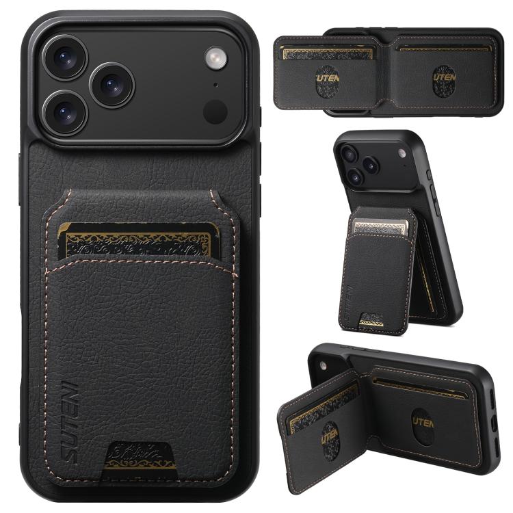 Carcasa Suteni H02 negra para iPhone 17 Pro Max con tarjetero y atril desplegado