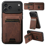 Carcasa Suteni H02 café para iPhone 17 Pro Max vista trasera y tarjetero abierto