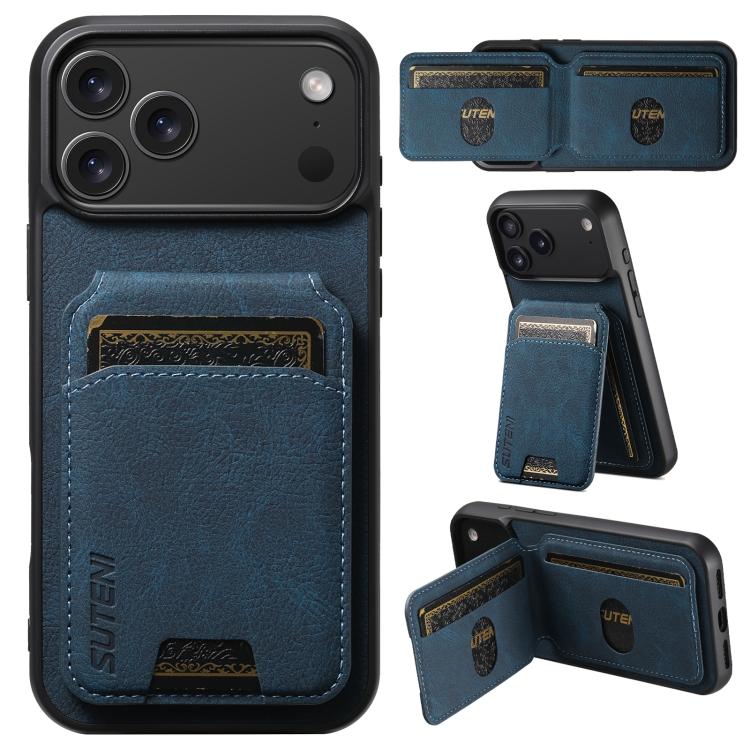 Carcasa Suteni H02 azul para iPhone 17 Pro Max con sus posiciones de atril