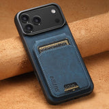 iPhone 17 Pro Max con carcasa Suteni azul de cuero vista en diagonal