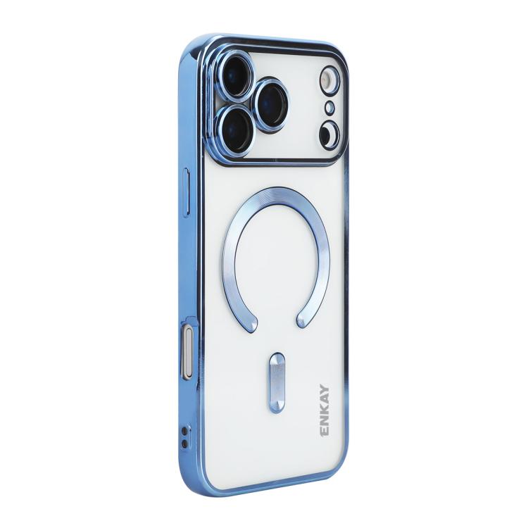 Carcasa ENKAY Hat-Prince transparente para iPhone 17 Pro Max con marco azul vista trasera
