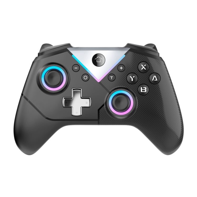 Control CM-617 negro de frente con anillos RGB en los joysticks y panel en V