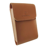 Estuche de cuero marrón ANBERNIC para consola RG34XX, cerrado y visto en tres cuartos