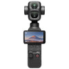 Cámara DJI Osmo Pocket 4P negra vista frontal con doble lente y pantalla desplegada