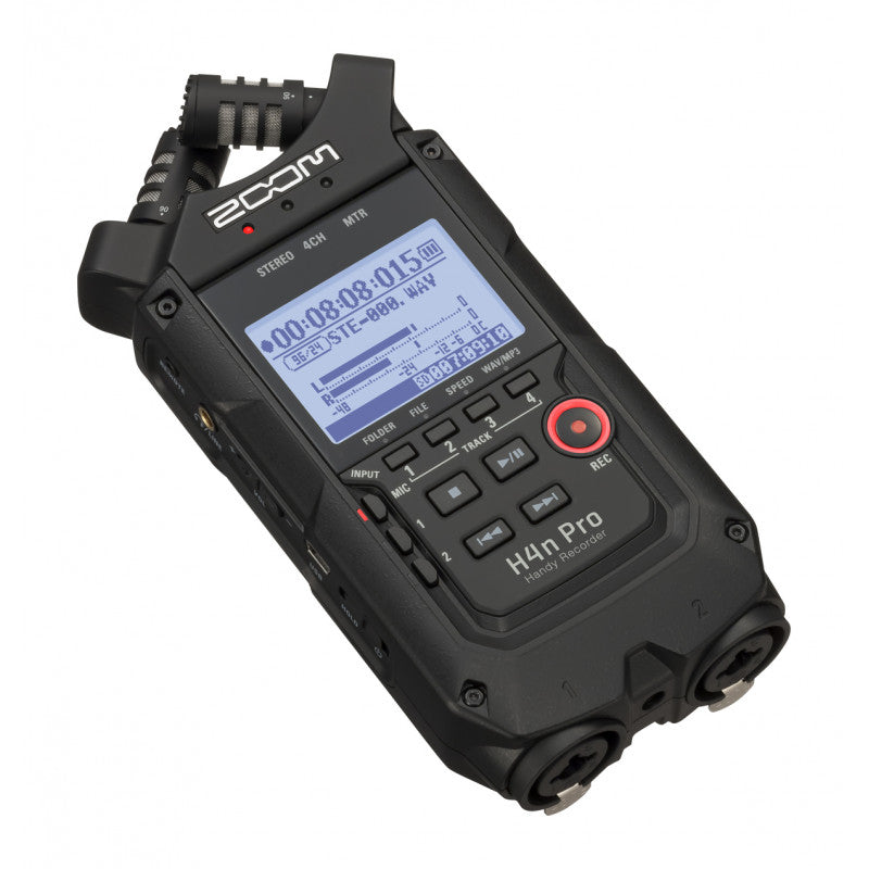 Zoom H4n Pro grabadora de audio portátil de 4 pistas color negro, vista frontal con micrófonos X/Y