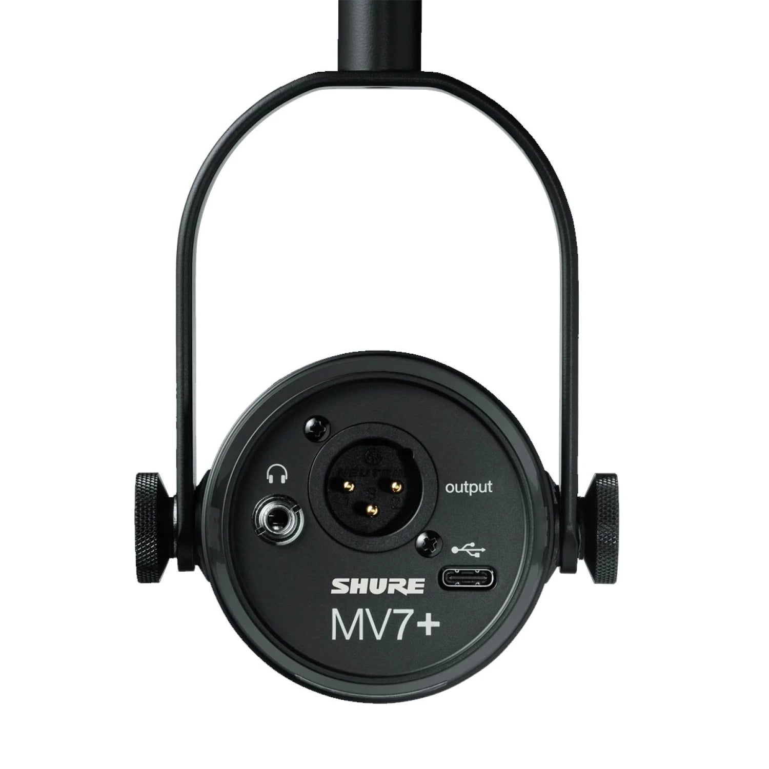 Micrófono Shure MV7+ negro vista trasera con conexiones XLR, USB-C y salida de auriculares
