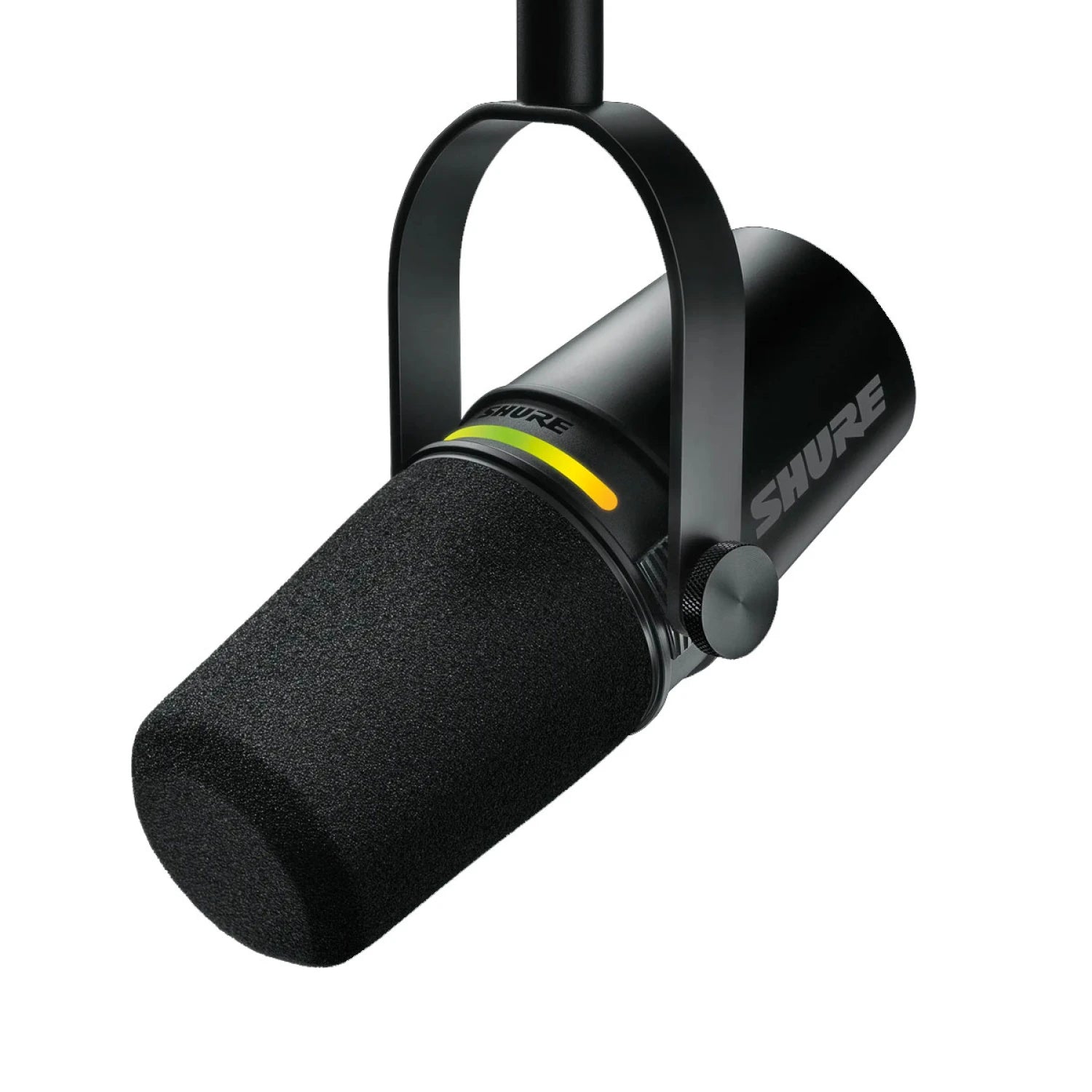 Micrófono Shure MV7+ negro vista frontal en ángulo con panel LED personalizable