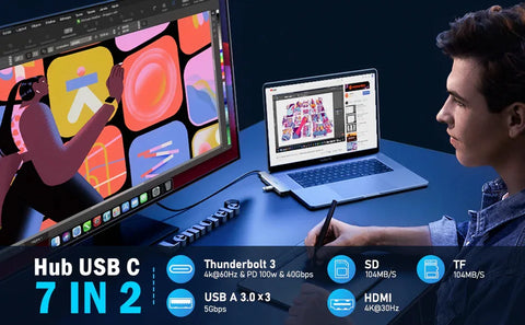Lemorele TC52 Hub USB-C 7 en 2 para MacBook Pro y Air – Alta velocidad, diseño compacto y máxima compatibilidad