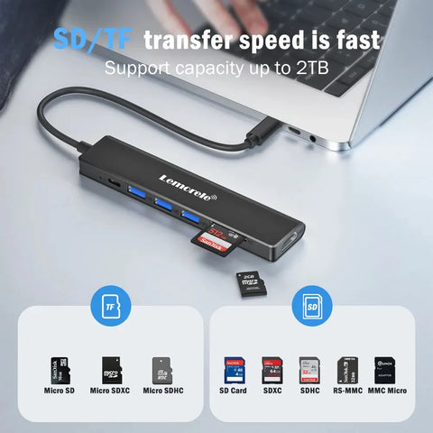 Lemorele TC70L Hub USB-C 7 en 1 con HDMI,  lector SD y Micro SD