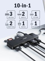 Lemorele TC94  Docking Station USB-C 10 en 1 con Triple Salida de Video y Audio 3,5 mm