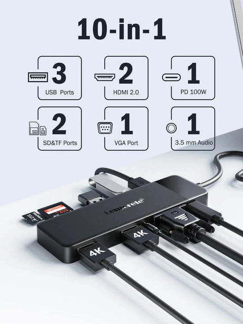 Lemorele TC94  Docking Station USB-C 10 en 1 con Triple Salida de Video y Audio 3,5 mm