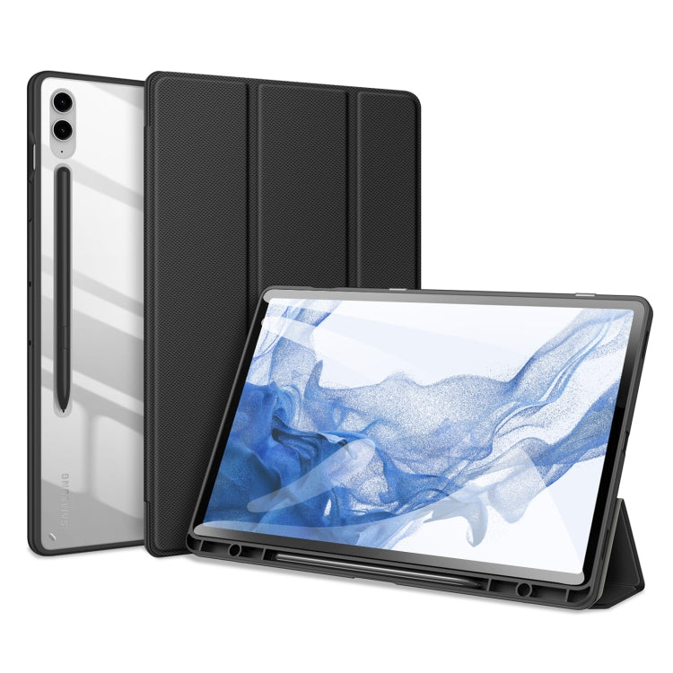 Funda TOBY negra abierta mostrando la cubierta transparente del Galaxy Tab S9 FE+