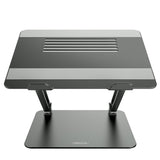 Soporte NILLKIN ProDesk gris visto de frente a su altura máxima sobre la base de aluminio